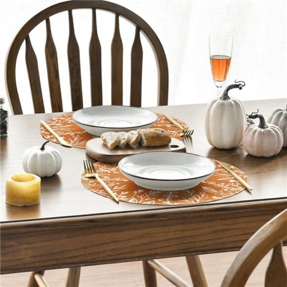 Orange Eucalyptus Leaves Round Fall Placemats Set of 4, 14 Inch Seasonal Autumn - Picture 5 of 7